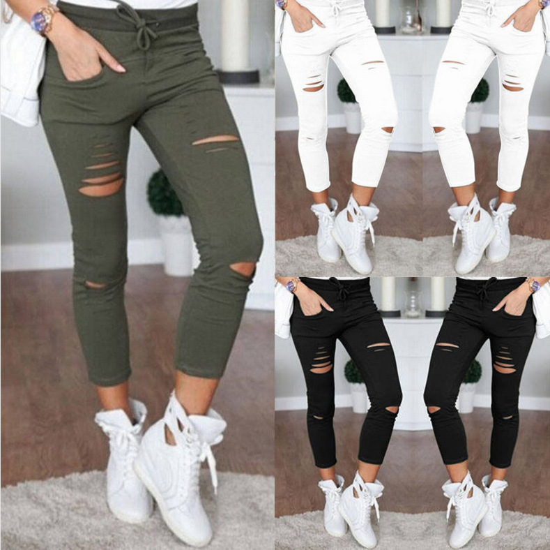Women's Daily Fashion Solid Color Ankle-length Patchwork Hole Casual Pants display picture 1