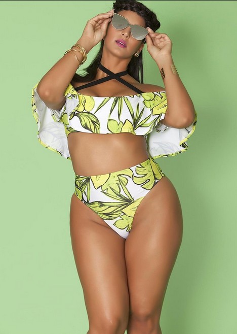 printed lotus leaf shoulder plus size swimsuit  NSHL43135