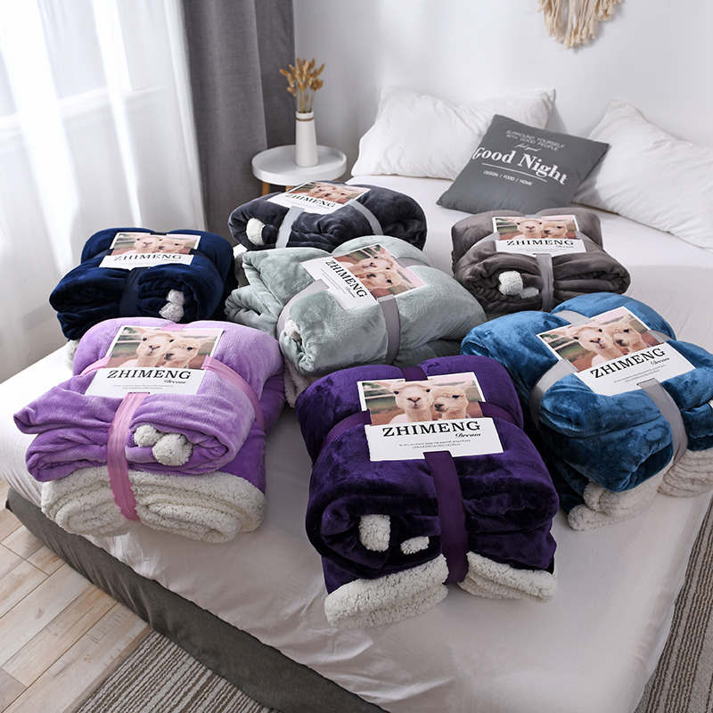 厂家直销纯色羊羔绒毛毯双层法兰绒毯子加厚珊瑚绒毯可定做印LOGO|ms