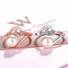 爆款韩版韩国流行饰品镶钻星月珍珠戒指女7-8mm珍珠戒空托diy批发