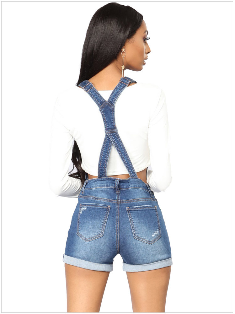 Ripped Hip Suspenders Curled Denim Jumpsuit NSYB65133