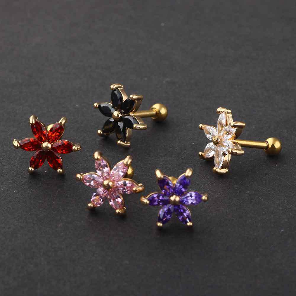 Acrylic Zircon Six-Petal Stud Earring for Cartilage Piercing - 316L Surgical Steel Post detail image 7