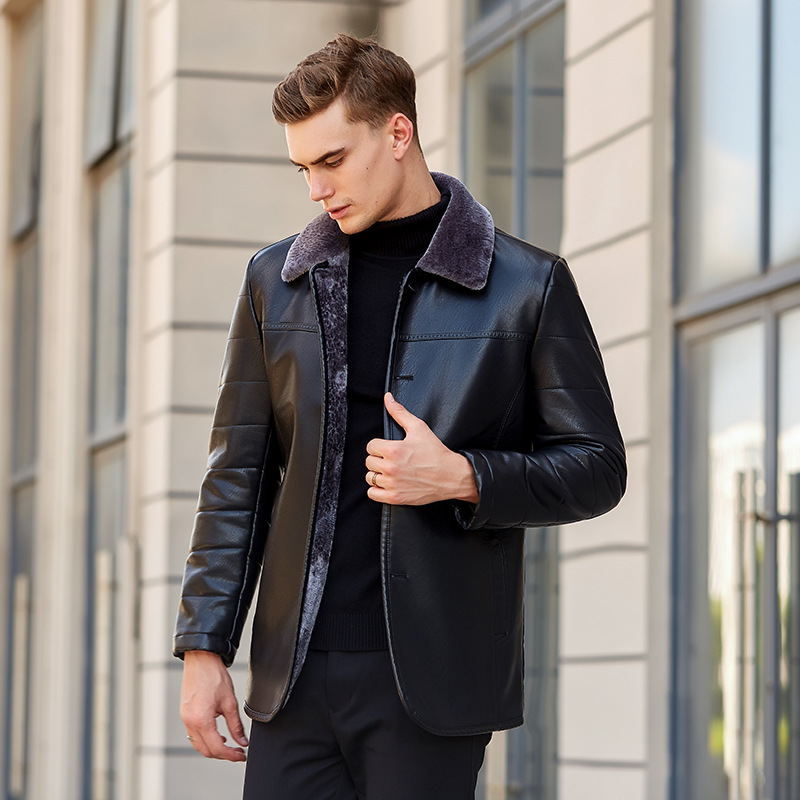 冬季中年皮衣男加绒加厚中老年皮夹克男士爸爸装保暖休闲PU皮外套