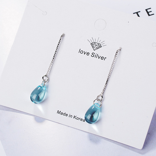 Earrings for Women - Korean Style Fashion, Mori-kei Blue Crystal Teardrop Earrings - Elegant Long Earrings
