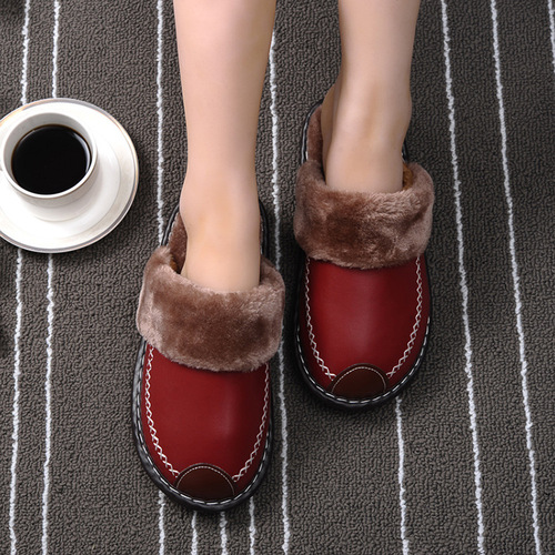 Thermal Cotton Slippers Winter Indoor Thick Sole Home Shoes Korean Style Wool Slippers for Men and Women Couples Leather Slippers Factory Wholesale