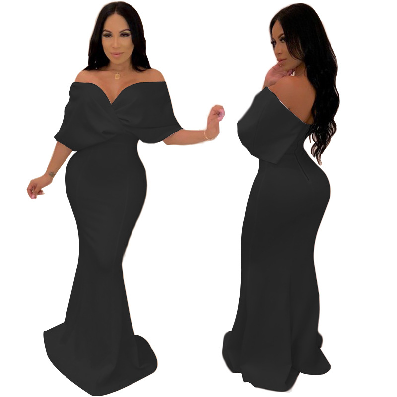 Sexy Wrapped Chest Off-Shoulder Mopping Fishtail Dress NSMYF99999