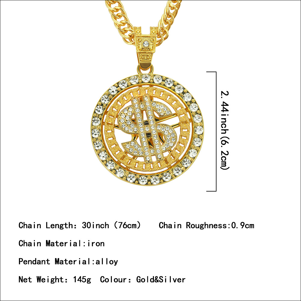 European and American hip-hop diamond-studded dollar rotating pendant necklace