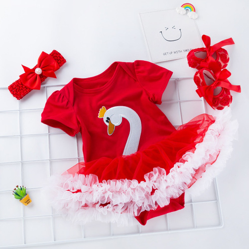 Three piece Baby birthday party dresses girl swan short sleeve dress shoes