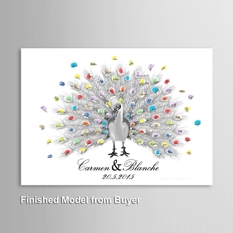 外贸热卖 孔雀开屏喜庆婚礼指纹签到帆布画 手指DIY签到画签名册