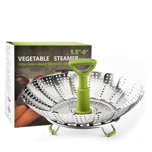 Stainless steel 9-inch steamer with handle and foldable vegetable drainage plate for kitchen steaming buns, steaming rack, in a color box package