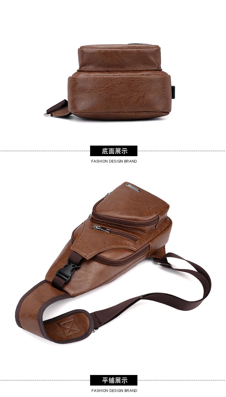 Cross -border explosion USB men's chest bag portable charging casual mesengers outdoor sports PU chest bag