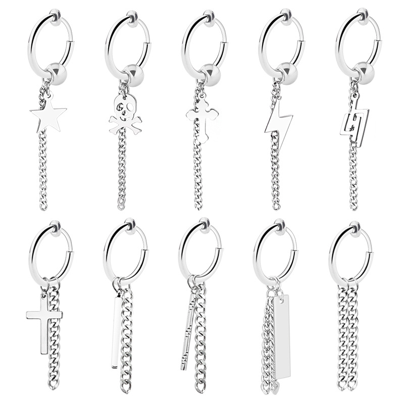 韩版钛钢多层链条无耳洞耳夹潮男潮女长款流苏耳环耳饰厂家直销