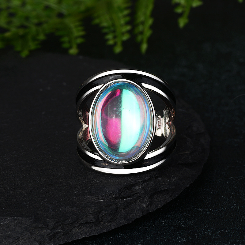 Zhen Rong wish new inlaid colorful moonstone ring European and American exaggerated imitation Thai silver vintage glue ring for women