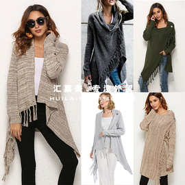 2020秋冬新款跨境外贸爆款毛衣针织衫亚马逊混色流苏毛衫外套批发