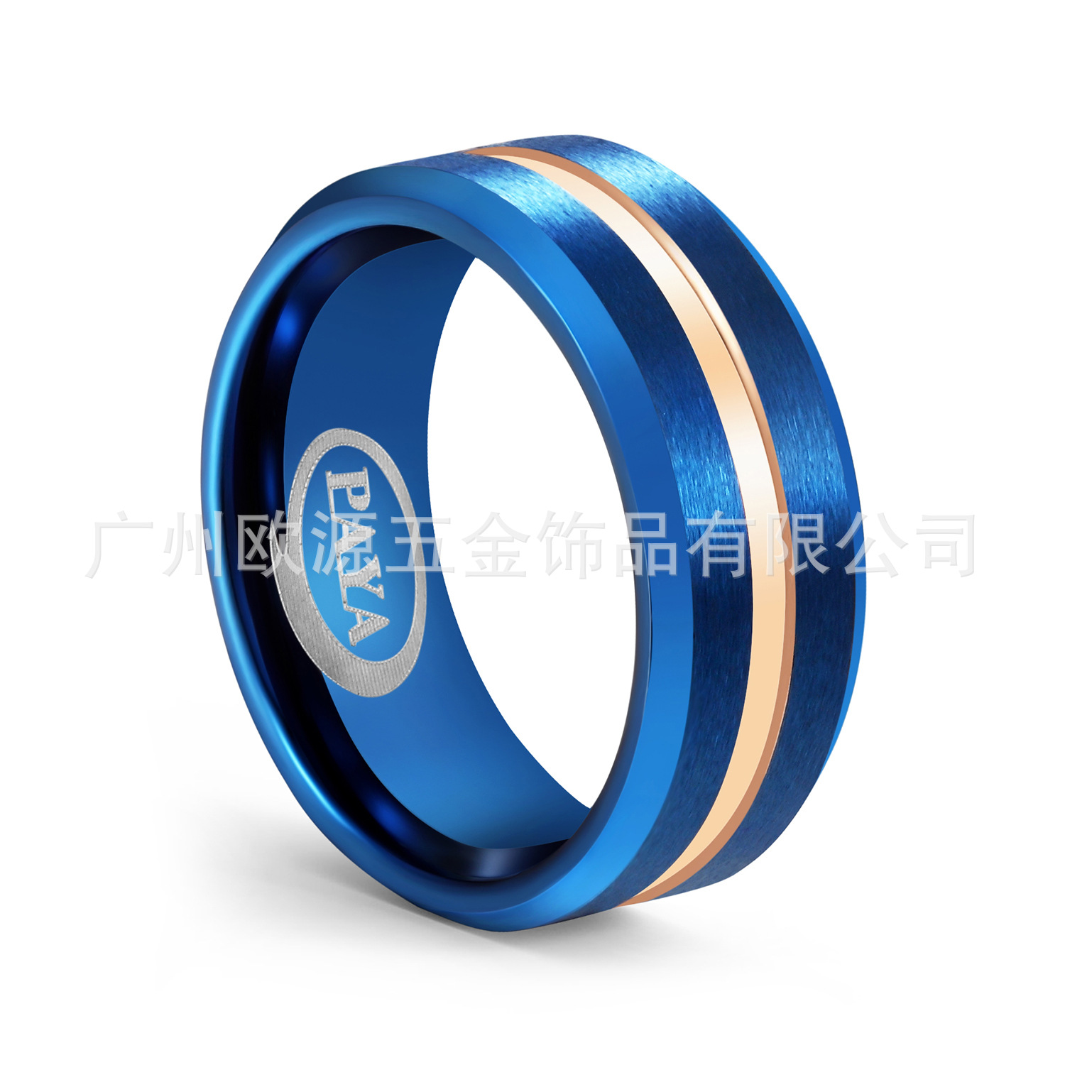 广州欧源工厂直销 钨钢戒指 蓝色拉沙间玫瑰金 欧美男士钨金指环