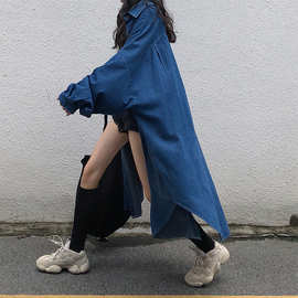 韩系秋装新款慵懒宽松纯色中长款单排扣牛仔风衣外套 女