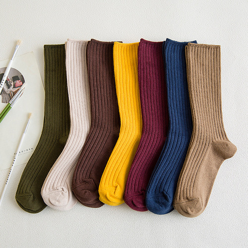 Japanese solid color women's cotton socks mid-calf double-needle striped pile socks winter socks women's Zhuji street stall women's socks wholesale