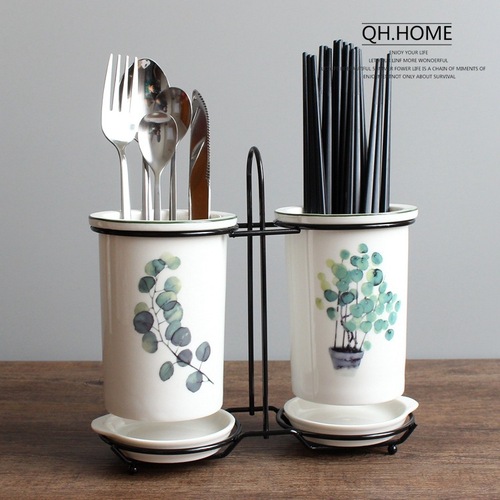 Nordic plant ceramic chopstick holder household drain chopstick barrel double chopstick bucket chopstick cage storage rack chopstick cage