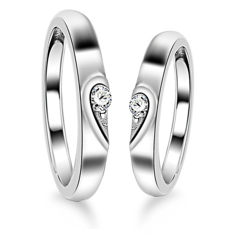 925 Pure Silver White Gold Plated Couple's Ring Korean Style Heart-Shaped Open Pair of Rings Supplier Wholesale