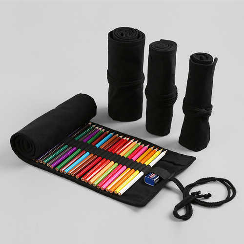 Pure black handmade canvas pencil bag 12 24 36 48 72 holes large capacity boys and girls sketch color pencil curtain