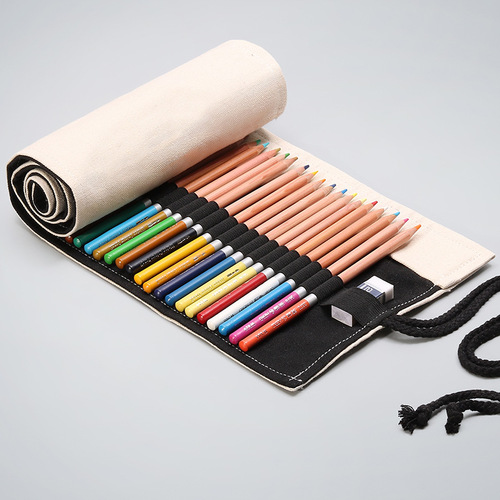 Solid color handmade canvas colored pencil curtain, special storage bag for sketching and painting, large capacity pencil bag for boys and girls