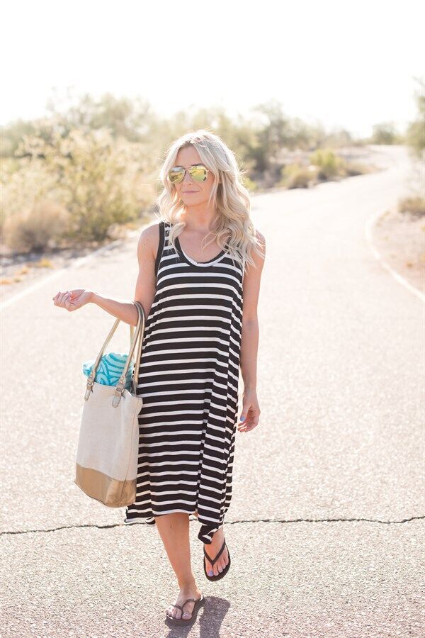 Black and White Striped Maxi Dress Loose Fit Sleeveless Summer Style Perfect for Casual Outings Wholesale Available