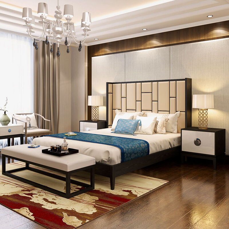 Factory New Chinese 1.5 Solid Wood Bed Master Bedroom Single Double 1.8 m Wedding Bed Villa Furniture Guest Room Bed Homestay Bed