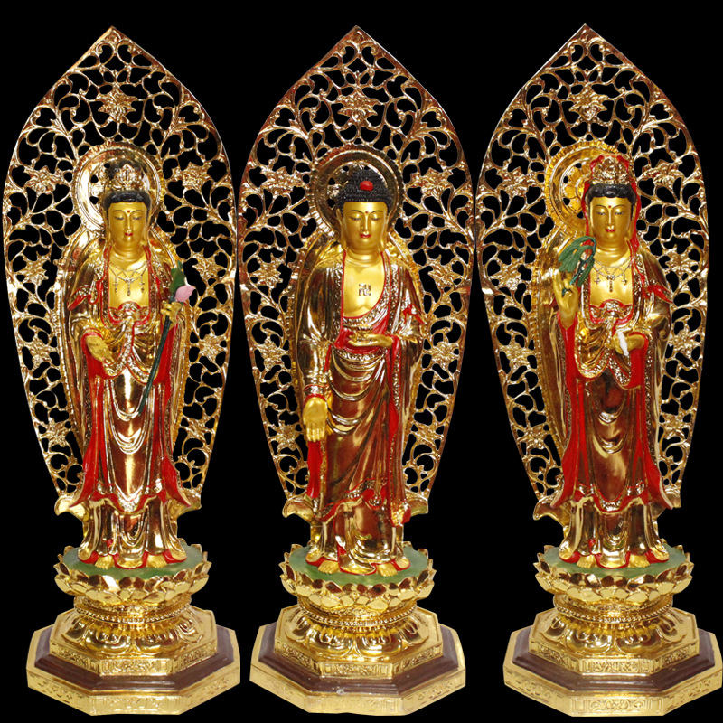 1米大号铜西方三圣 彩绘贴金工艺 黄铜铸造 观音菩势至菩萨佛像