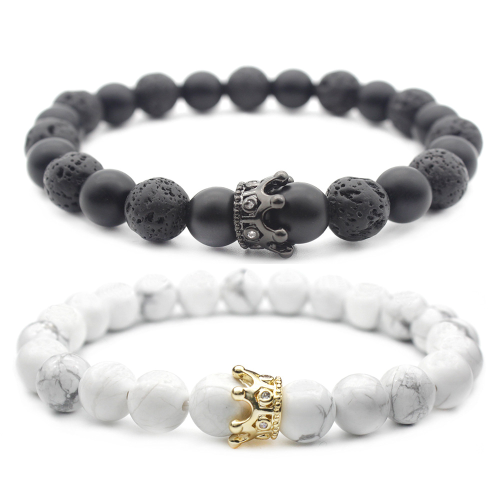 E-Commerce hot sale European and American big 8MM White Pine volcanic stone micro inlaid zircon Crown bracelet suit