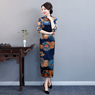 Chinese Dresses Qipao for women robe chinoise cheongsam Long velvet cheongsam skirt, retro traditional performance cheongsam