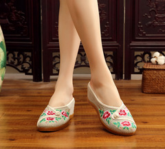 端莊 2020刺繡拖鞋帆布繡花鞋中國製造亞麻坡跟復古鞋