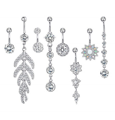 Amazon 8 Piece Stainless Steel Zircon Silver Navel Ring Set Body Piercing Jewelry Wholesale