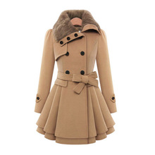 eBay2016新款欧美女装修身长款毛呢外套双排扣呢子大衣风衣女