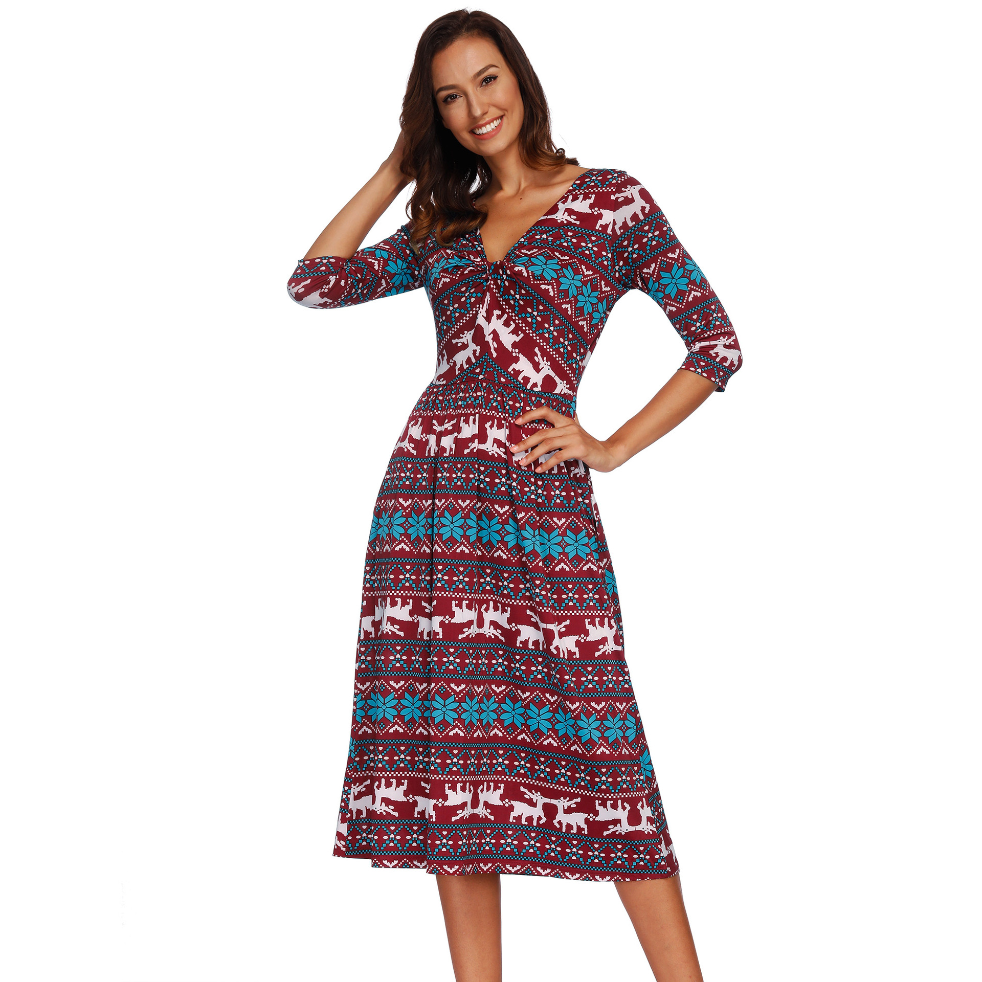 Christmas Reindeer Print Dress Three Quarter Sleeve Double Pockets Casual Style Wholesale Available