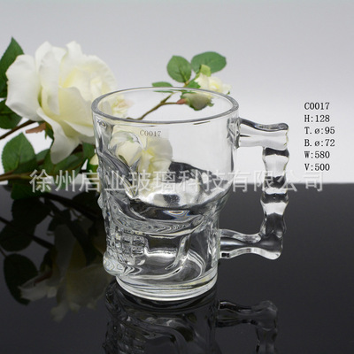 500ml晶白料玻璃骷髅头把手杯鬼脸酒杯扎啤饮料果汁把子杯