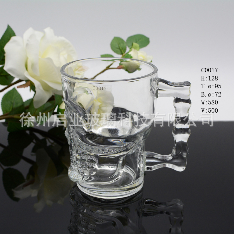 500ml晶白料玻璃骷髅头把手杯鬼脸酒杯扎啤饮料果汁把子杯