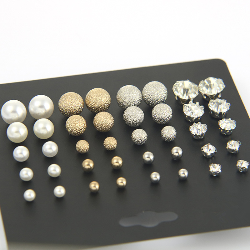 Simple Pearl Earrings Six-claw Zircon Inlaid Diamond Pearl Geometric Earrings 20 Pairs Set display picture 9