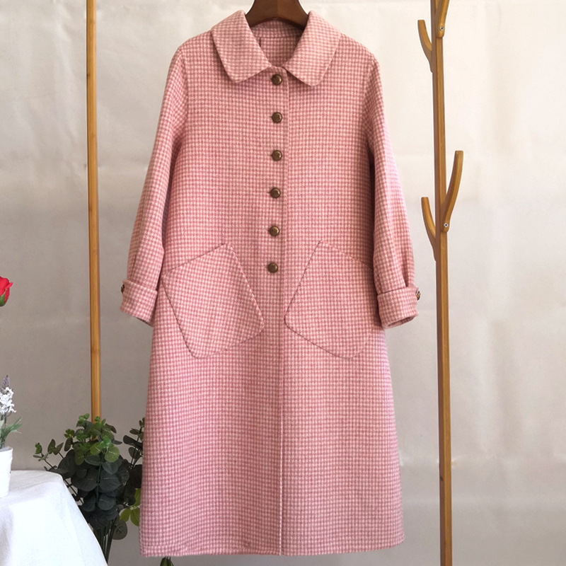 千鸟格子双面羊绒大衣中长款2018新款流行红色高端韩版羊毛呢外套