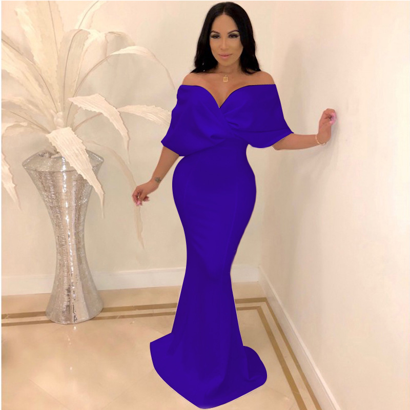 Sexy Wrapped Chest Off-Shoulder Mopping Fishtail Dress NSMYF99999