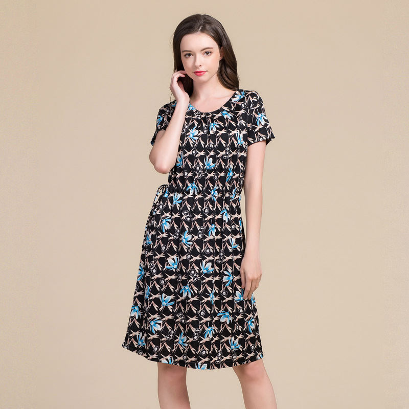 Womens Floral Print Short Sleeve Knitted Silk Dress Loose Fit Adjustable Drawstring Long Length Spring Summer