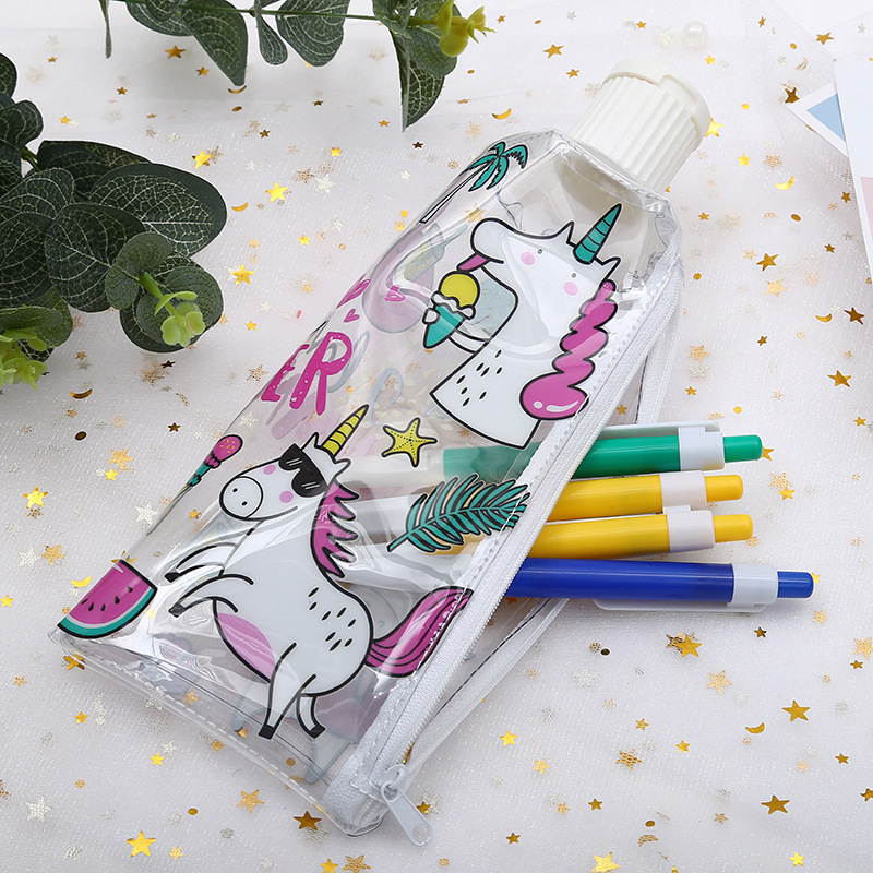 Unicorn transparente PVC pluma bolsa de dibujos animados creativo unicornio dentífrico papelería estudiante bolsa de almacenamiento estuchero desde detail image 17