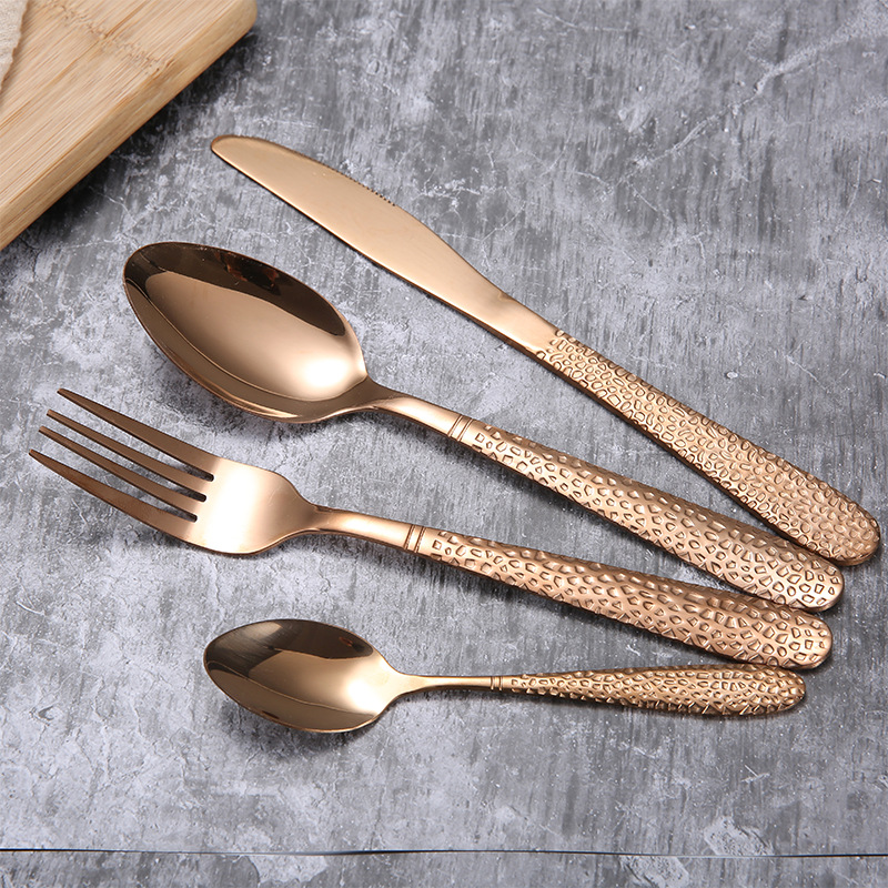 水立方玫瑰金不锈钢西餐餐具套装刀叉勺子四件套揭阳批发跨境