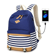 帆布双肩包女USB充电休闲旅行背包户外大容量女学生书包外贸