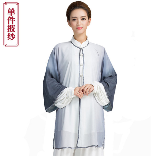 women gradient colored chinese taichi kungfu shawl coat one piece gauze clothing competition performance martial arts training clothing men and women