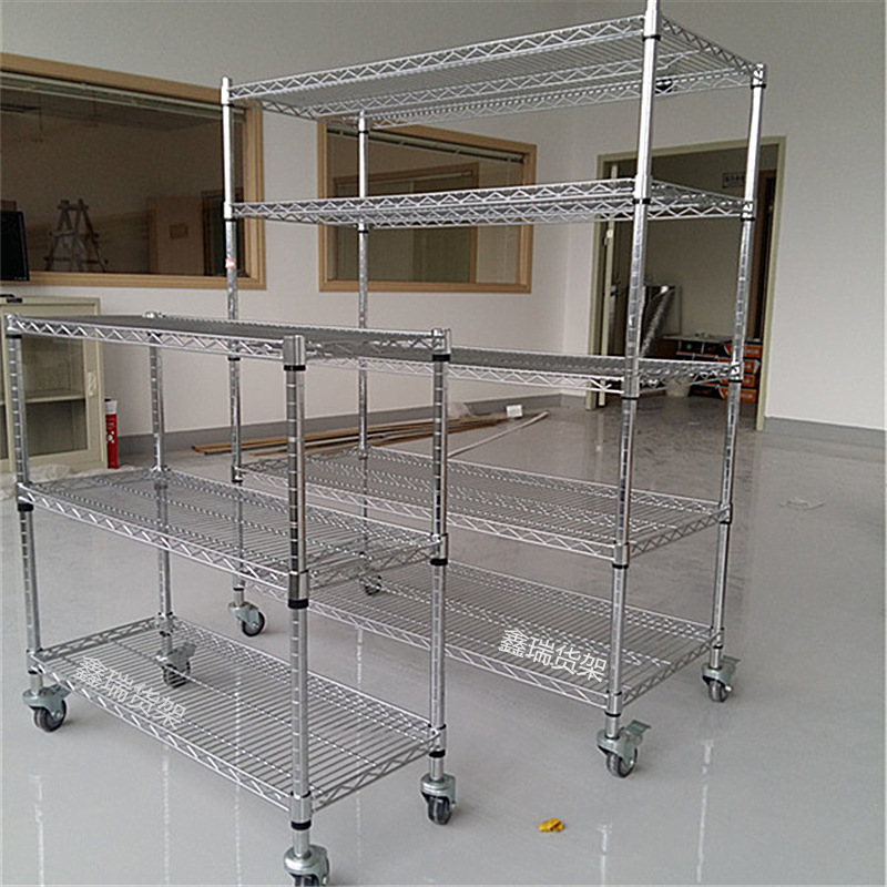 三层车间库房金属镀铬不锈钢线网货架 带轮置物储藏架1.5高周转车
