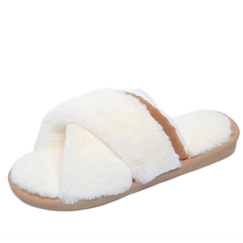New Korean style cross fur slippers for women autumn color matching winter indoor plush floor slippers open toe slippers cotton slippers