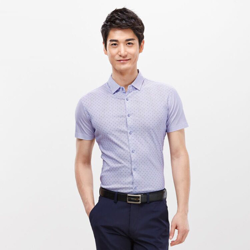 戈德堡夏季新品男装时尚格纹短袖针织衬衫丝光棉修身短袖衬衣