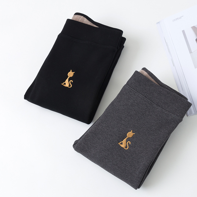 打底裤女外穿秋冬2019 新款韩版加绒刺绣猫贴标紧身高弹保暖长裤