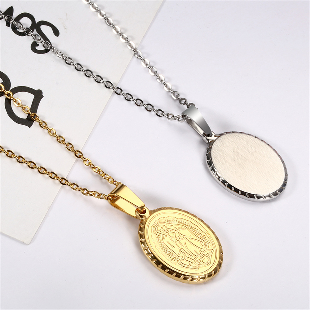 fashion titanium steel Virgin Mary oval pendent necklace earrings set wholesale Nihaojewelry
