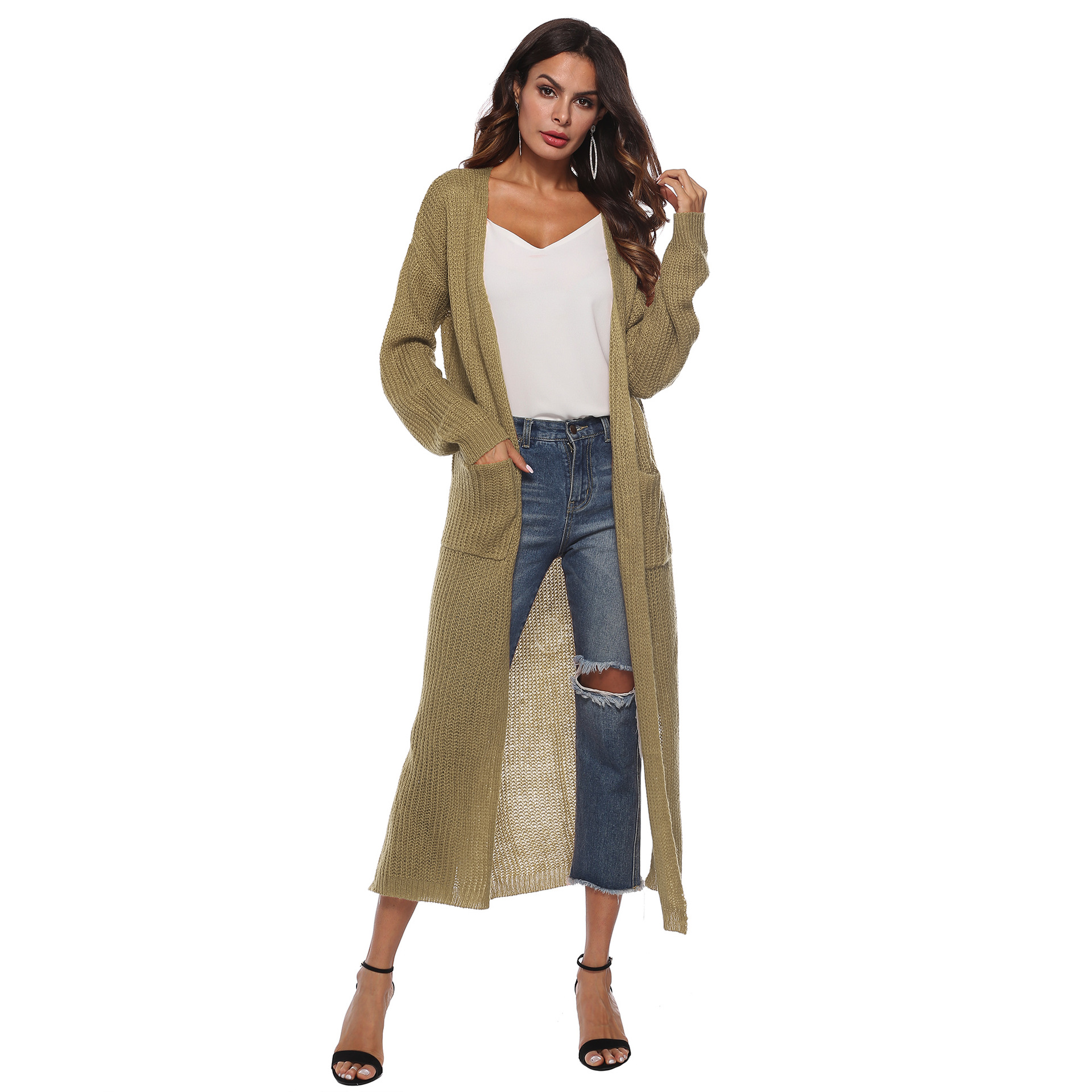 open-fork big pocket knit long thin coat NSOY28458